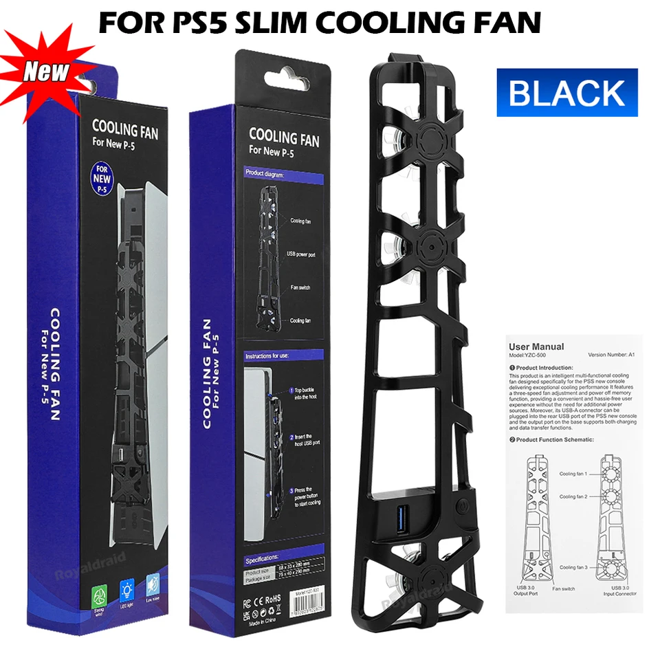 NOVINKA pre ventilátor chladiaceho ventilátora PS5 Slim Cooler Fan pre PlayStation5 Slim Disc Edition/Digital s LED svetlom a portom USB 3.0 pre nový PS5