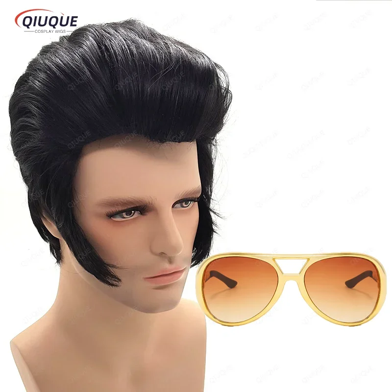 NOVINKA! Pánsky rockový speváci Elvis Aron Presley Cosplay parochňa Elvis Presley Čierny tepla odolný voči syntetickej vlasovej párty parochňa + parochňa čiapka RZ9