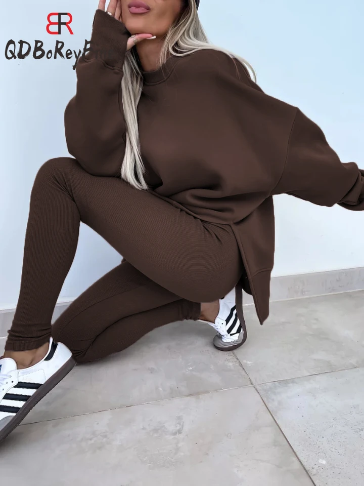 NOVINKA V Dámskych stopách 2 kusové súpravy Jesenné príležitostné nadmerné mikiny mikiny štrbiny Fitness Slim High pás legíni