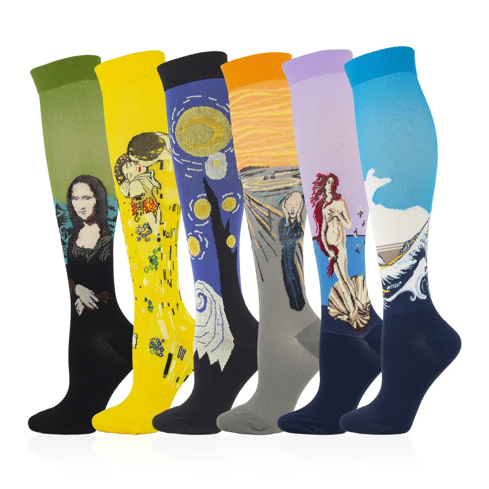 Novinka vtipné kompresné ponožky Men Men ženy Šťastný olejomaľba krik výkrik Mona Lisa Smile Hip Hop Hop Compression Compression Popsocket Popsocket