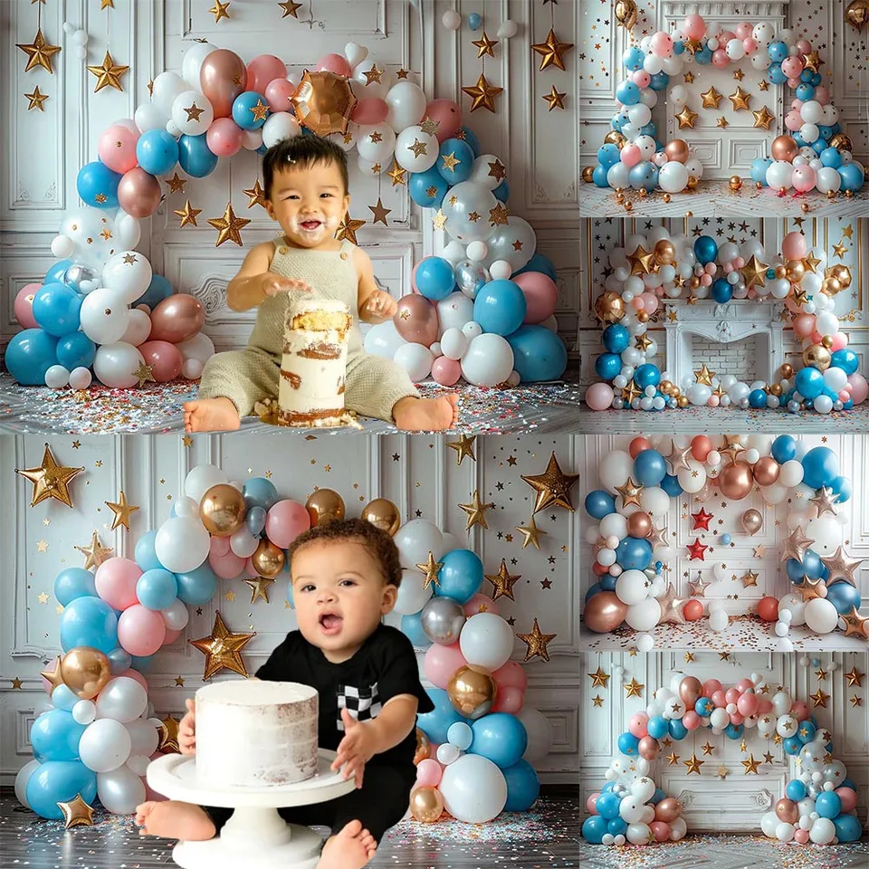 Novonarodené detské fotografovanie Pozadie farebný balón drevený panel stena lesklá hviezda dekora dekora portrét portrét Photo štúdio rekvizity