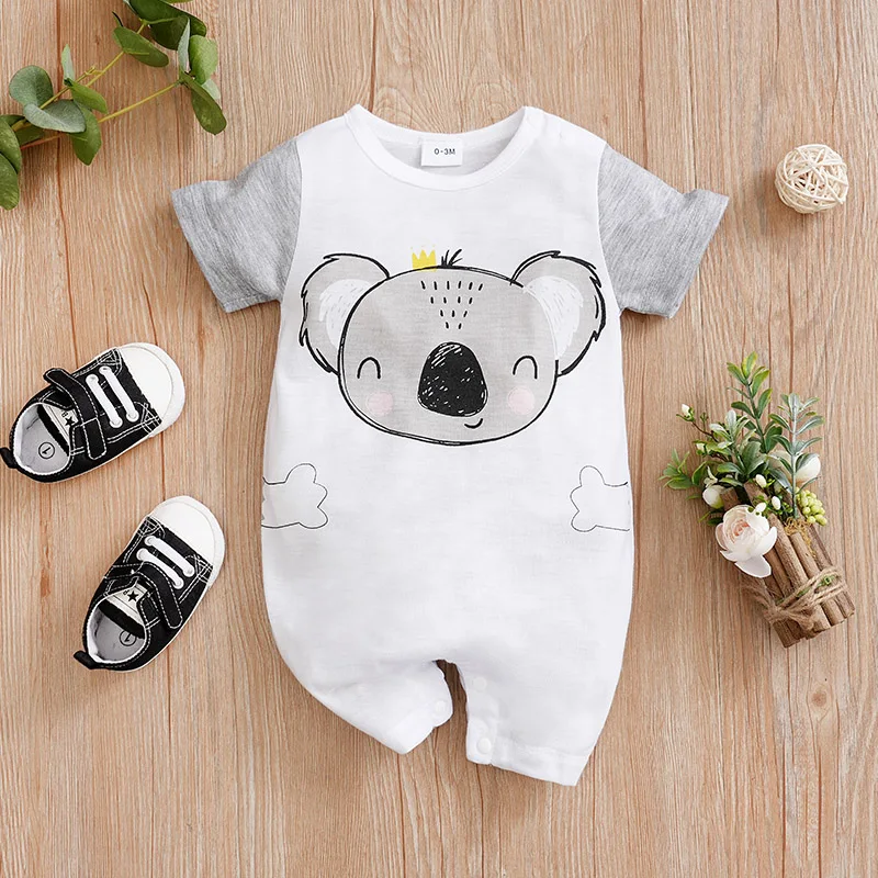Novonarodené detské oblečenie Boy Gray Koala tlačí skoky letný krátky rukáv Romper 0-18 Mesiac