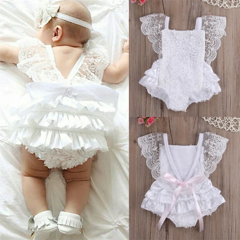 Novonarodené detské čipky Kvetinové volácie Romper Sunsuit Princess Girls Shipping White 0-18M