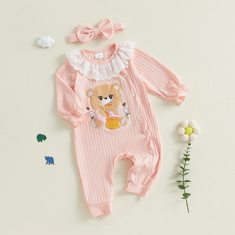 Novonarodené dievča Fall outfit Bear vyšíva čipky Doll Doll Doll Golier s dlhým rukávom v plnej dĺžke kombinézy čelenky 2 ks set