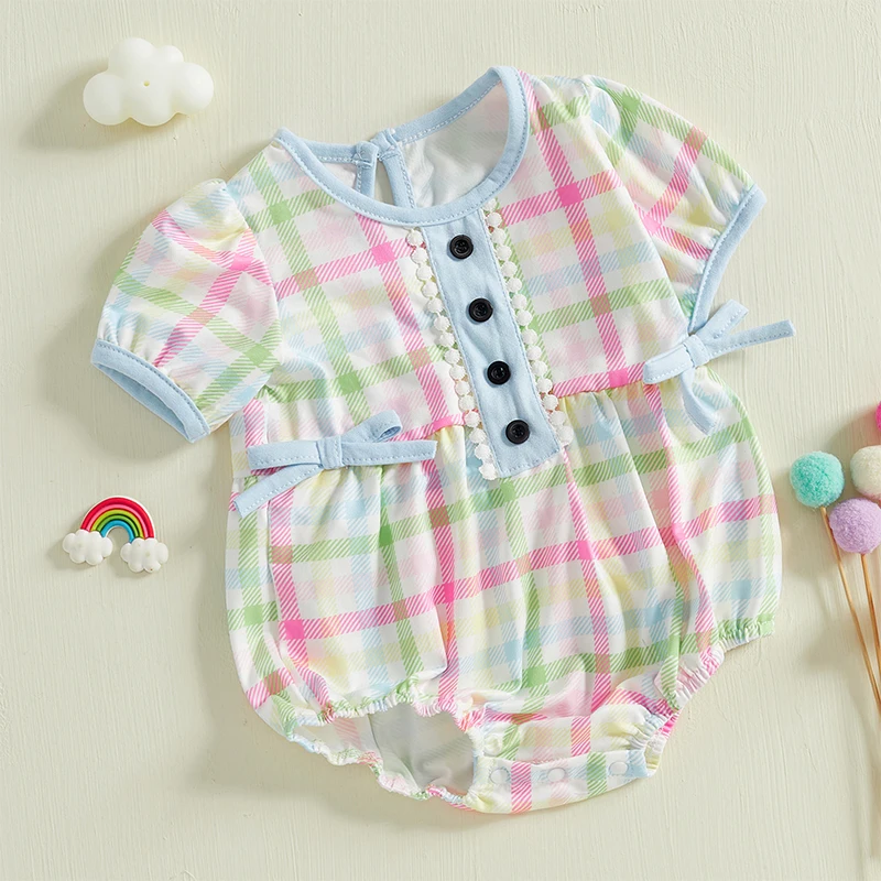 Novonarodené dievčatká Cotton BodySuits s krátkym rukávom Plaid Romper leto sladké kombinézy detské oblečenie Detské deti celkovo