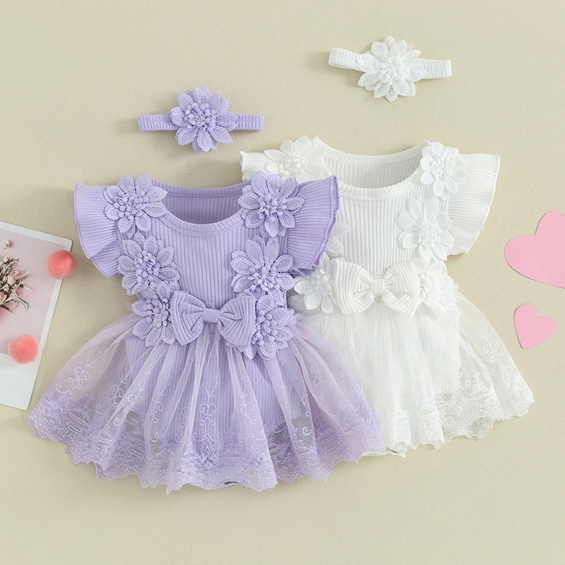 Novonarodené dievčatká Rompers šaty zo sieťoviny dievčatko oblečenie čipky Patchwork Ruffy Swardeits 2pc Outfits Sunsuit detské oblečenie