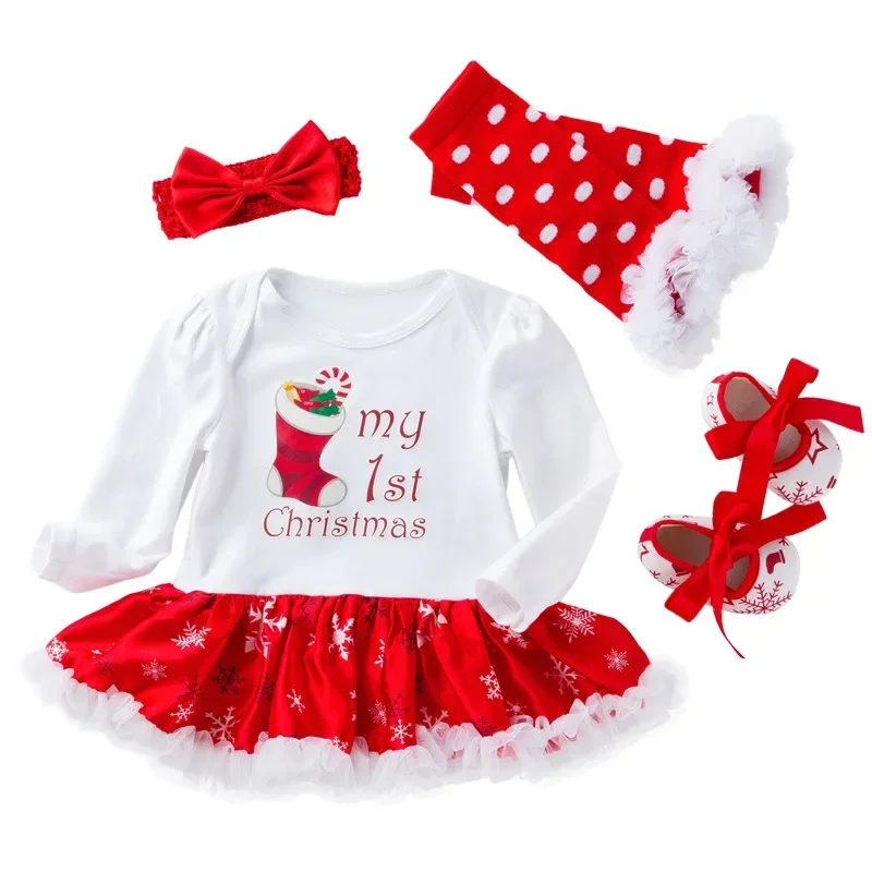 Novonarodené vianočné oblečenie dievča s dlhým rukávom vianočné šaty los vianočný stromček Santa Claus Cartoon Romper šaty topánky ponožky outfit