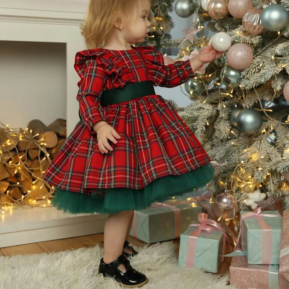 Novonarodené vianočné šaty Dievčatá Plaid Plaid Fly Ruckve Round Crck Party Princezná šaty vianočné deti Dievčatá oblečenie