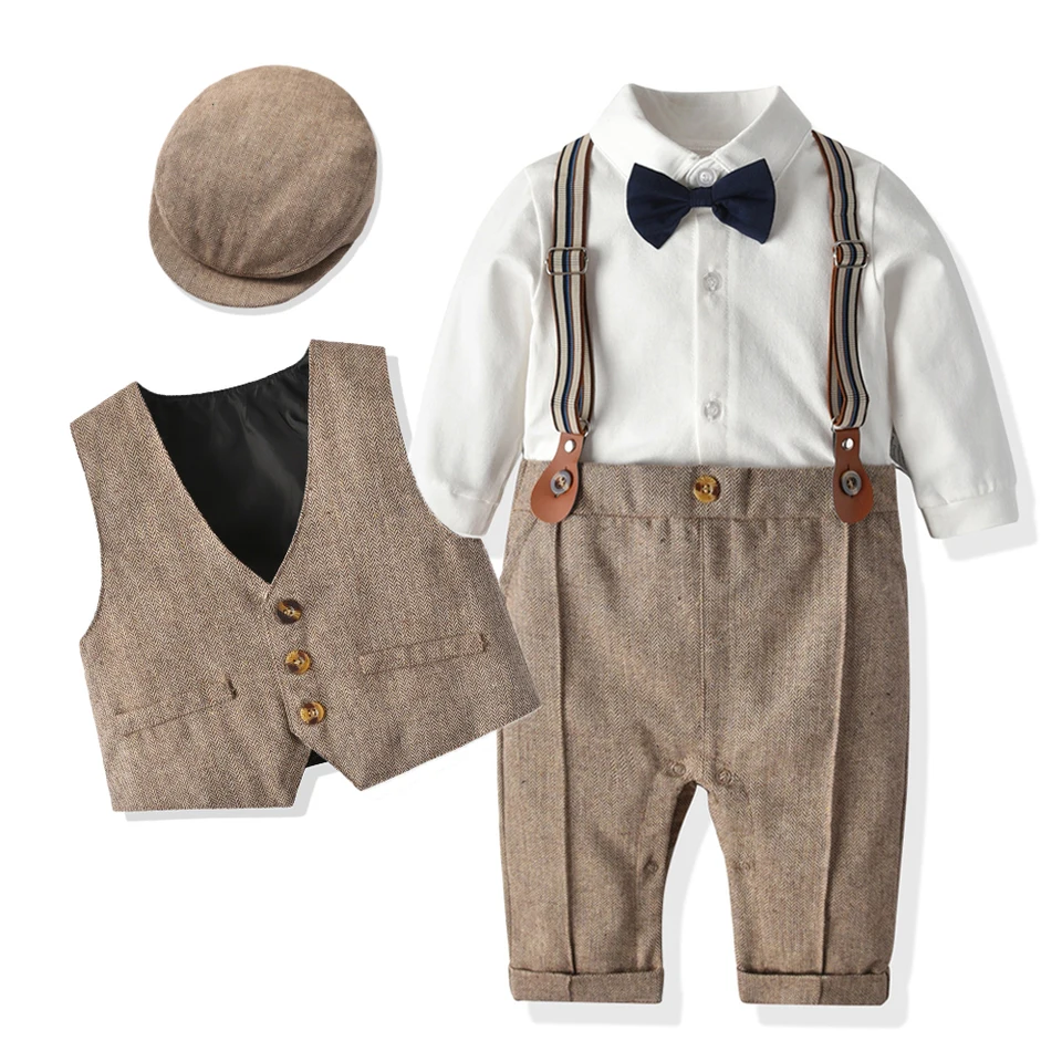 Novonarodený chlapček Formal Suit Party Birthday Svadba pre batoľatá Kučníky pre chlapcov+vesta+baret+Bowtie+podväzok 0-3 mesiace