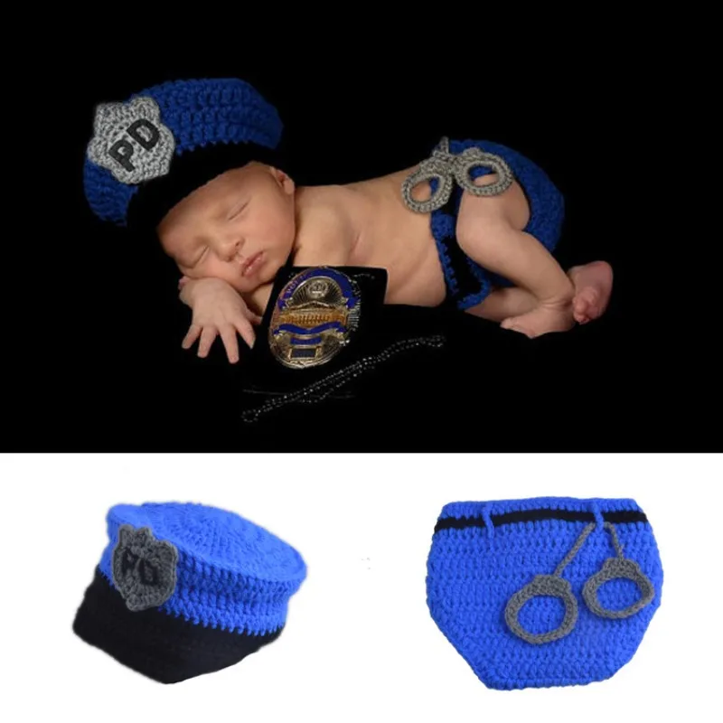 Novorodenecké fotografovanie outfit Baby PD Police Coss Suit Ručne vyrobené pletené fotografie rekvizity Photo štúdiu Session Session Obliekanie