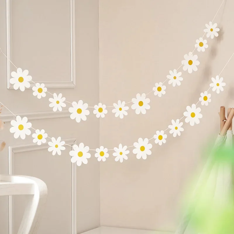 Nová 1set Daisy Banner Narodeninová oslava pytlovina biela kvetina girlandy konfety daisy vlajka sprcha svadobná strana Bunting dekorácia