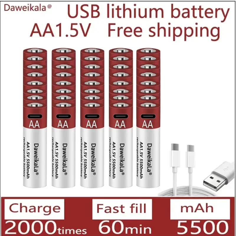 Nová aa USB nabíjateľná lítium-iónová batéria 1,5 V AA 5500 mAh/lítium-iónová batéria Hračka MP3 Player Termometer klávesnica