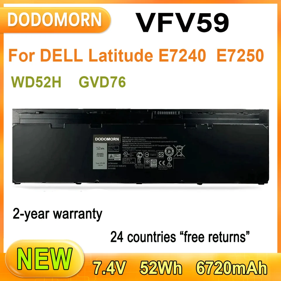 Nová batéria notebooku VFV59 pre Dell Latitude E7240 E7250 Serie WD52H GVD76 52WH 7,4V 6720 mAh Vysoko kvalitná dvojročná záruka na sklade