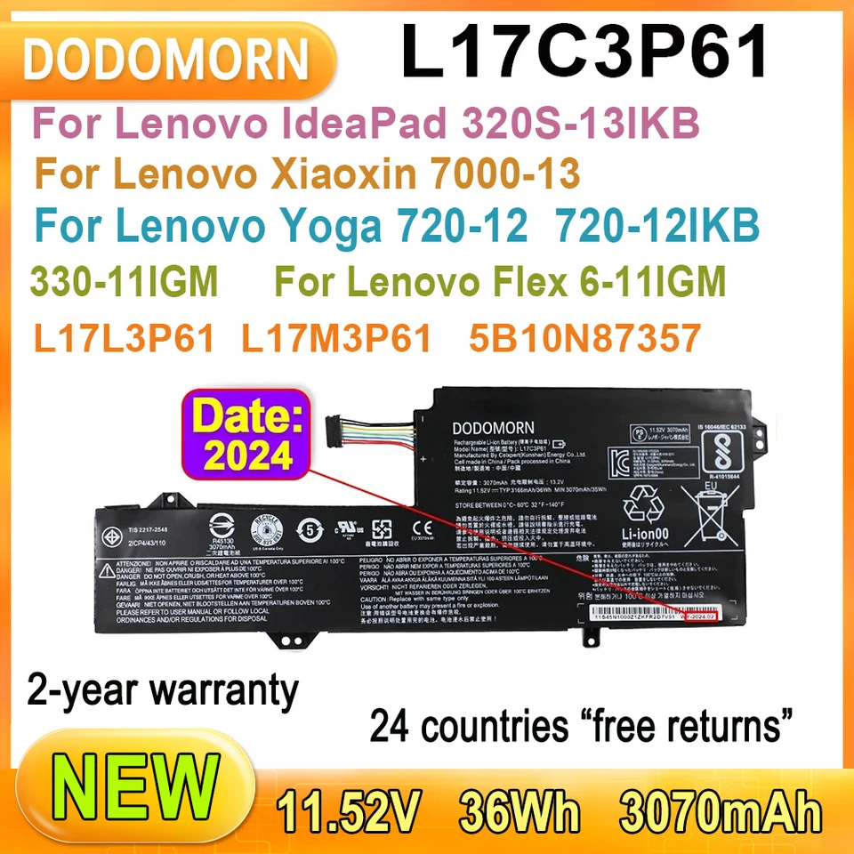Nová batéria prenosného počítača L17C3P61 pre Lenovo IdeaPad 320S-13ikb, Xiaoxin 7000-13, Yoga 720-12 720-12ikb 330-11igm, Flex 6-11igm Series