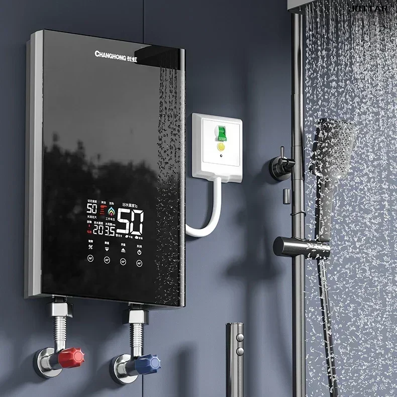 Nová domáca kúpeľňa elektrický ohrievač vody - termostat. Malé. Okamžité horúce a rýchle horúce na sprchu. Pre prenájom kúpeľne