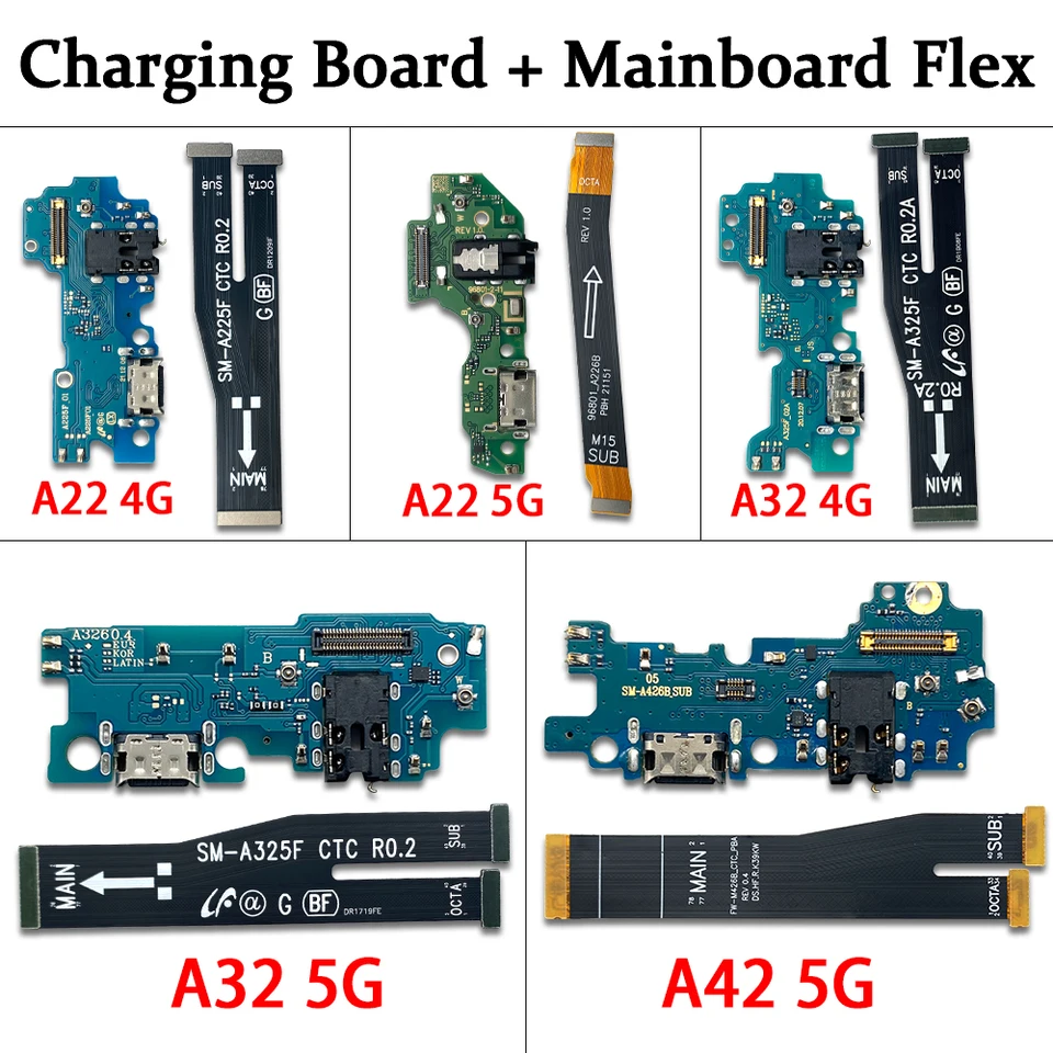 Nová doska na nabíjací port USB nabíjacích zásuvkových zásuvkových zásuvkových zásuvok Hlavný flex káblových dielov pre Samsung A22 A32 A42 4G 5G A225F A226 A325F A336 A426