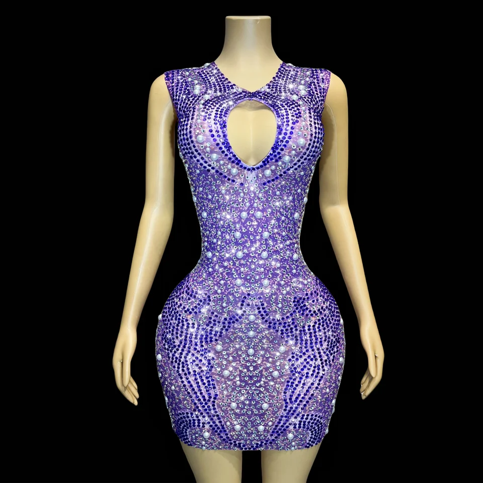 Nová fantastická perla fialová Rheinstone Birthday Celebration Slay Dress Party Singer Sexy Collection Outfits Yuhua
