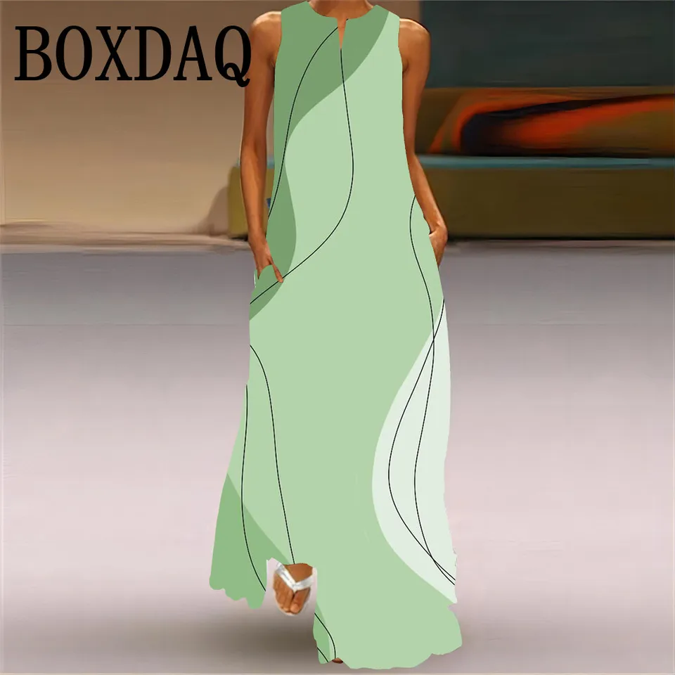 Nová geometrická krivka Grafické tlačené dámske šaty Elegantné letné letné tanky dlhé šaty ležérne bez rukávov voľné šaty maxi