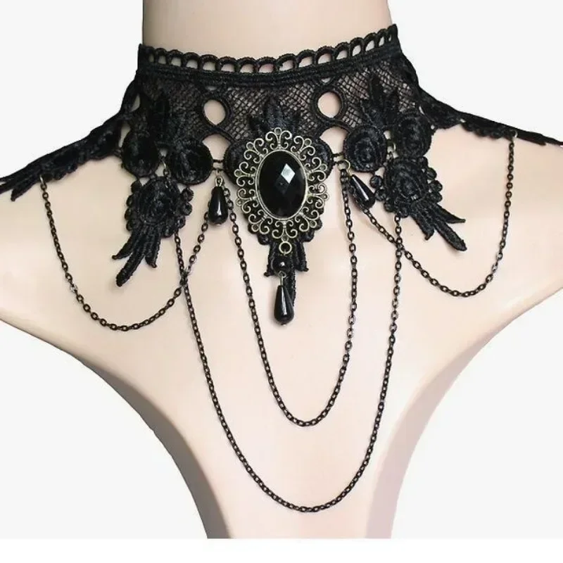 Nová gotická viktoriánska čierna voda Drop Drendant Lace Náhrdelník