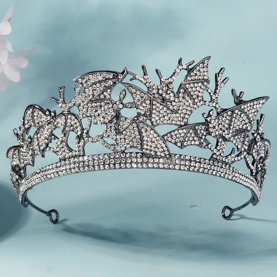 Nová gotická čierna kráľovná krištáľová netopiere Crowns Festival Tiaras Skeleton kamienok diadem halloween karnevalové večierky Kadery šperky