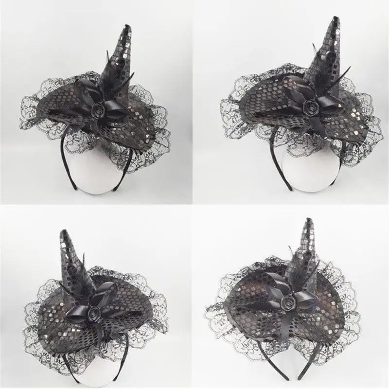 Nová Halloween čipka Topového klobúku Vlasový obruč Cute Flower Bow čarodejnícka čiapka čela