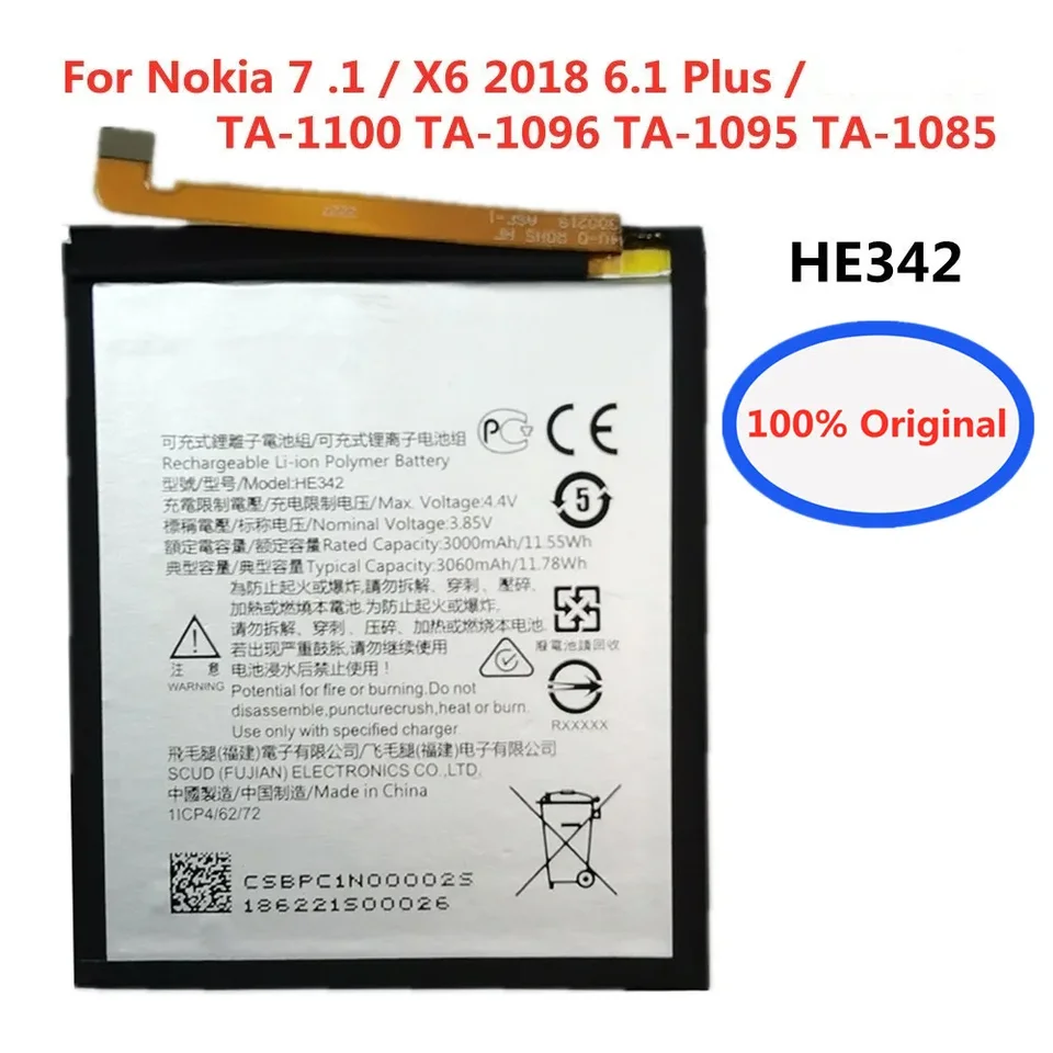 Nová HE342 Pôvodná batéria telefónu pre Nokia 7.1 / 6.1 Plus / X6 2018 3060MAH Vysoko kvalitné výmenné batérie batérie