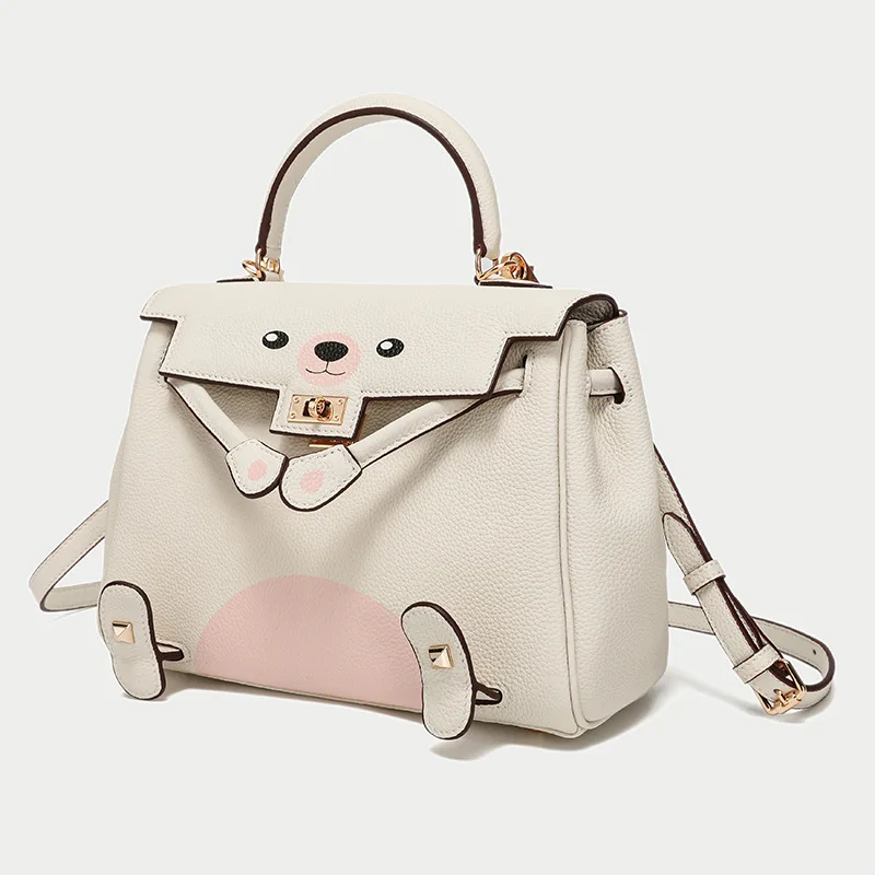 Nová horná vrstva Cowhide, koža s obsahom Lychee, pravá kožená kabelka v štýle pandy, dámska taška s jedným ramenom Crossbody.