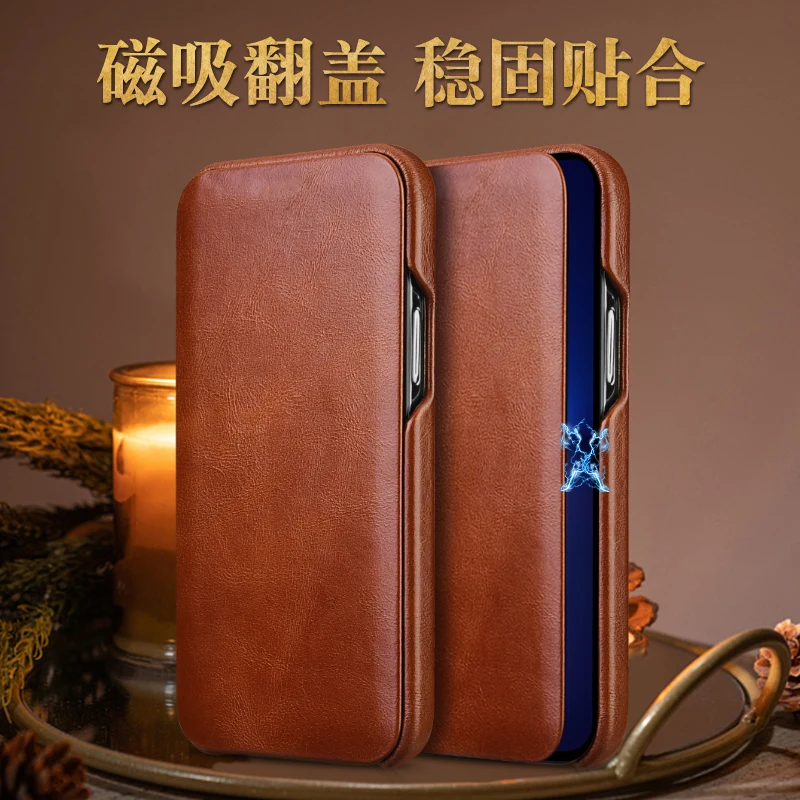 Nová icarer značka zakrivená kniha Otvorené originálne kožené kožené flip cover cover Cover Puzdro pre iPhone 13 Pro Max Mini Vintage Magnetic