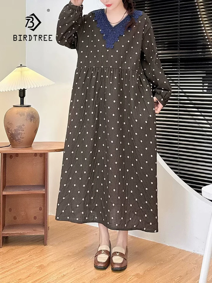 Nová jesenná bavlnená priadza Šaty s dlhým rukávom, ženy v krku vyšívacie bodky, Mori Girl Vintage Loose Dress, 2025 Spring D4D526cc