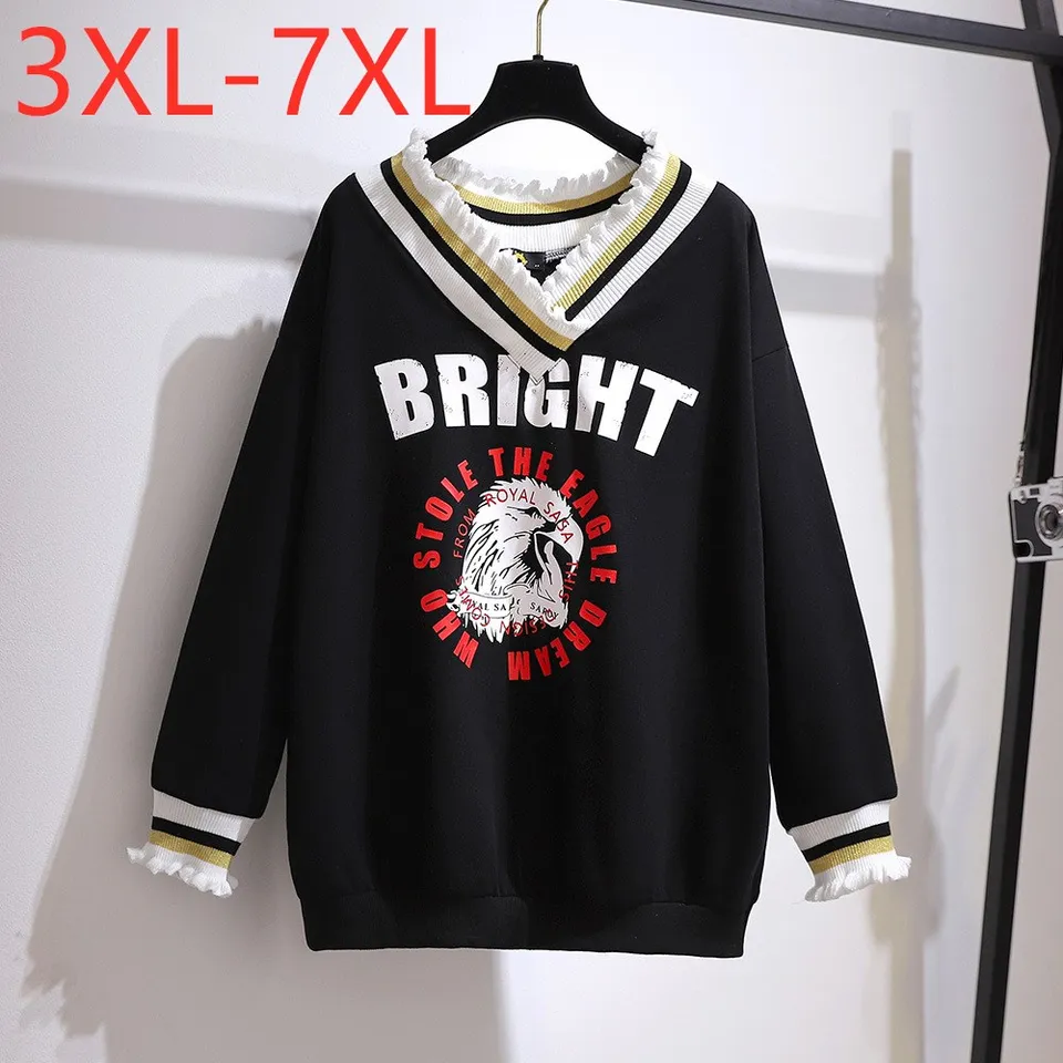 Nová jesenná zima plus veľkosti Dámske odevy Pullover Veľký dlhý rukáv voľný čierny výtlačok Bavlna hrubé tričko 3xl 4xl 5xl 6xl 7xl