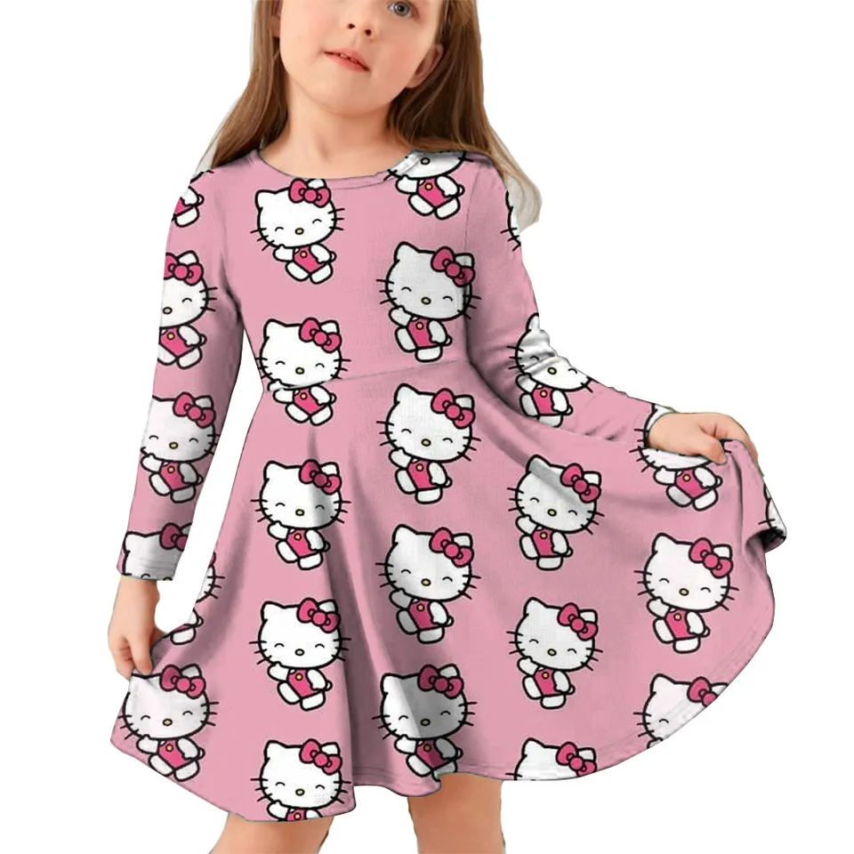 Nová jeseň Sanrio Hello Kitty Girl French Terry Dress Deti/Dospelý s dlhým rukávom Cast Crew Crea Kreatívne šaty