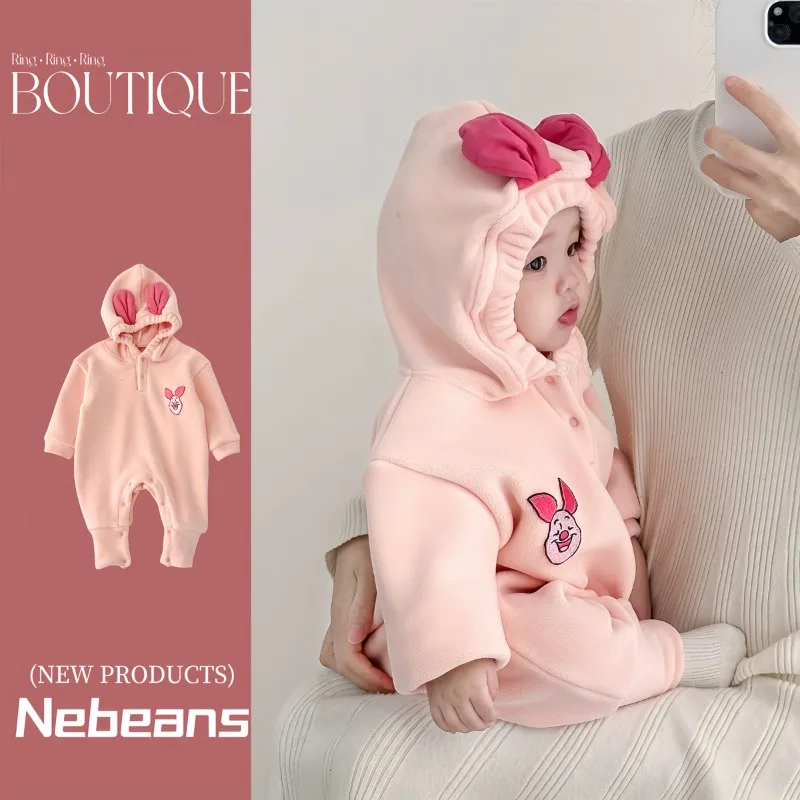 Nová jeseň zima dievčatko chlapec Romper dlhé rukávy s kapucňou Donald Donald Duck Pig Pretlače fleece novorodenecká neformálna kombinéza H4290