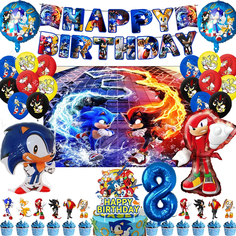 Nová karikatúra Sonic Birthday Party Dodávky dekorácie Balón Banner Kadce cupcake topper deti bábätko darček