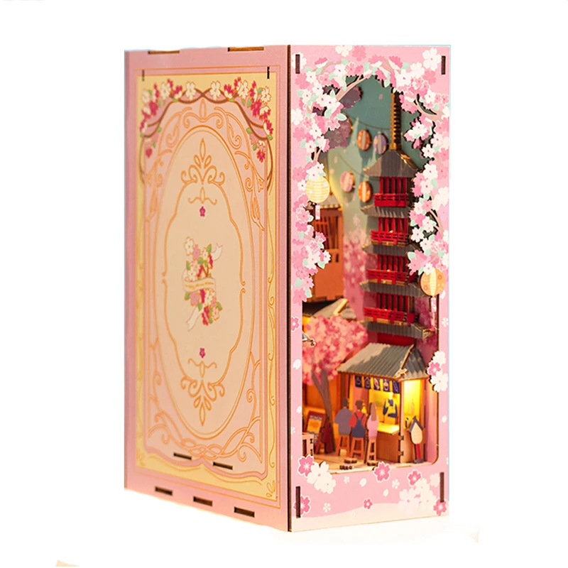 Nová kniha DIY Book Nook Drevená miniatúrna modelová súprava Cherry Blossoms Bookend Zhromaždené 3D puzzle kníhkupectvá