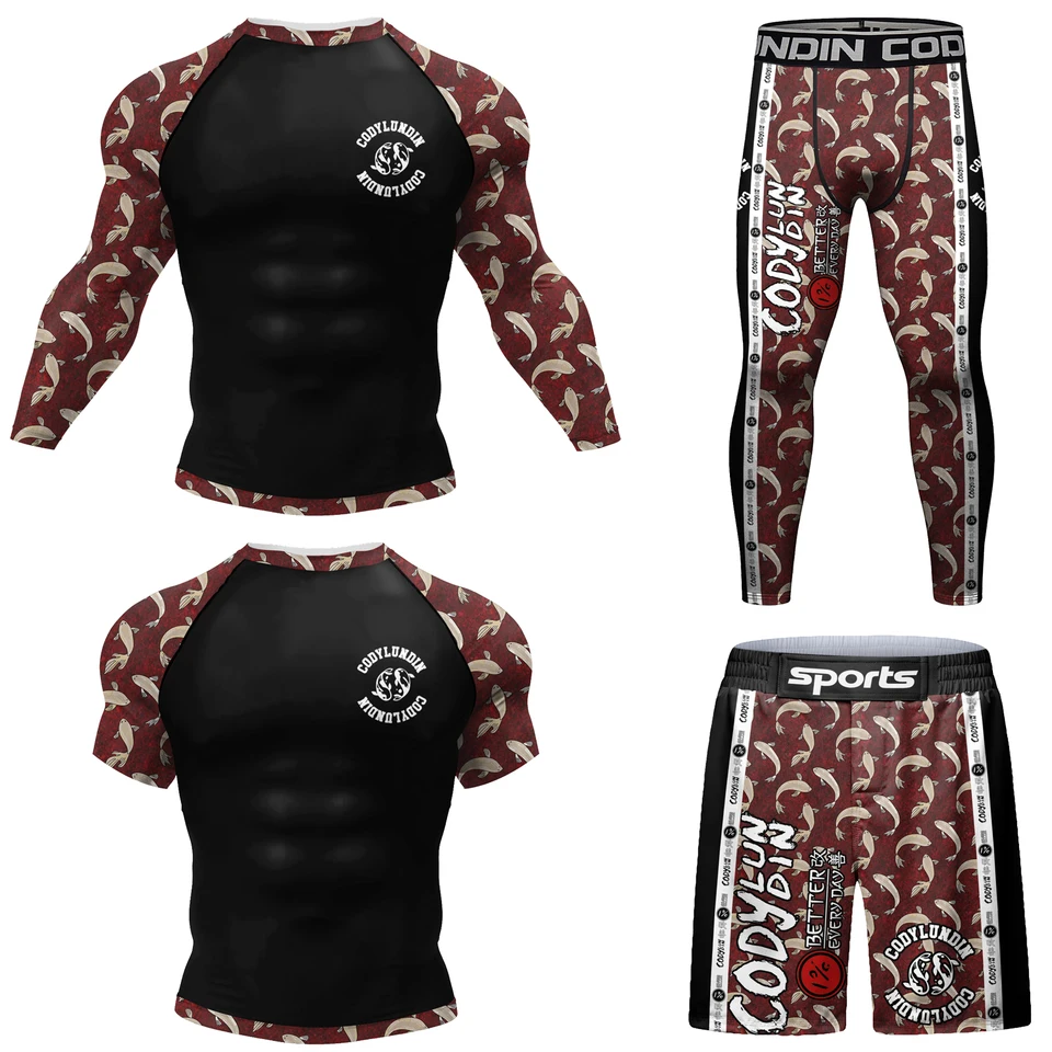 Nová kompresia MMA Rashguard Tričko Pánsky oblek Muay Thai Short Gym Bjj Gi Boxing Dresy 4ks UPF 50+ Rybárske opotrebenie