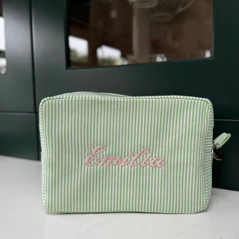 Nová kozmetická taška Seersucker, personalizovaná monogramovaná toaletná taška, vyšívaná taška