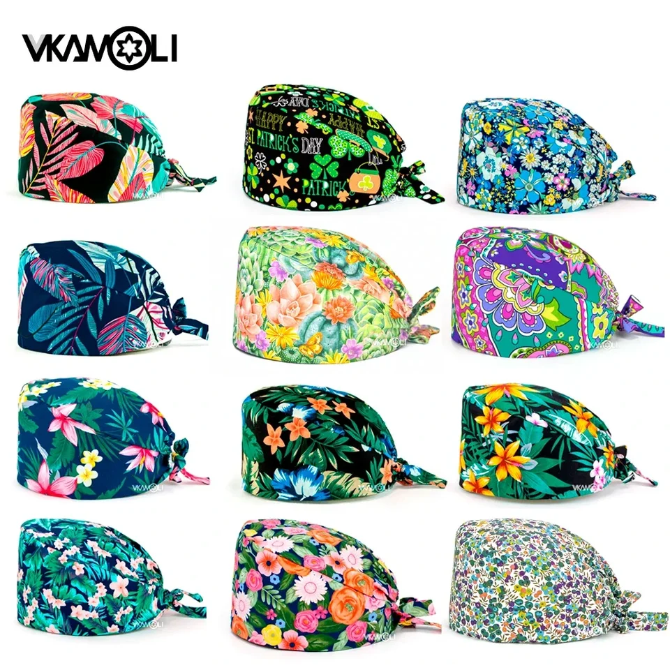 Nová kvetinová tlačiareň Pot-Absorbent Scrubs Cap pre ženy pre ženy zdravotnícke služby Zdravotnícki pracovníci nastaviteľné klobúky