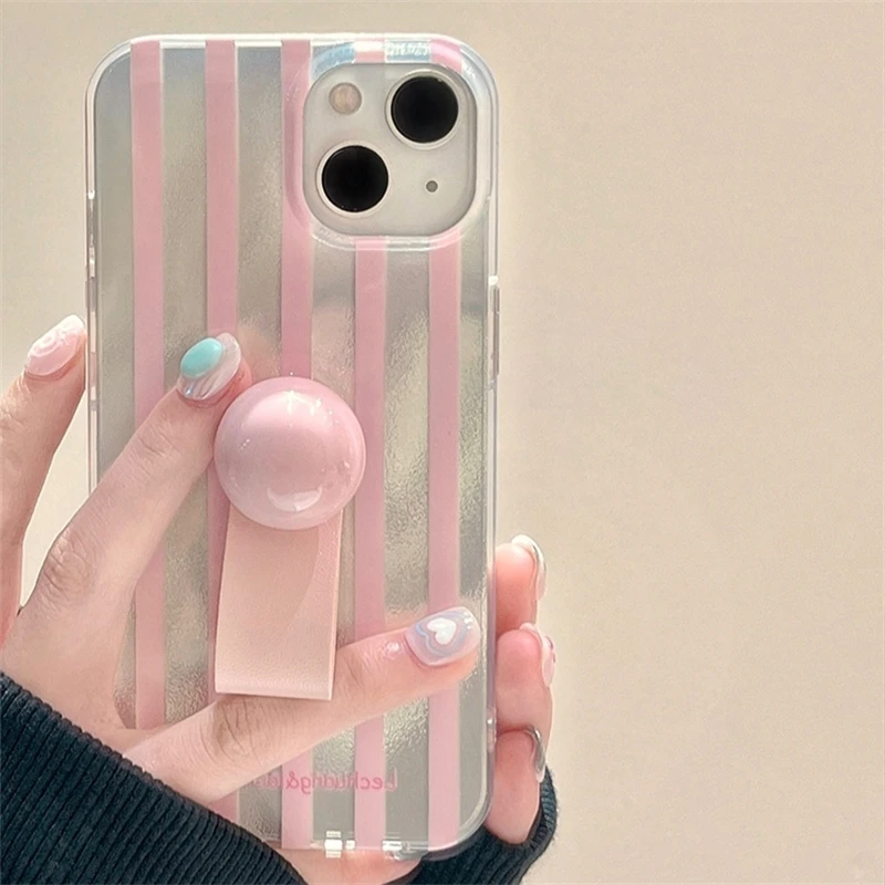 Nová Kórea ružový biely pruh laserový držiak na držiak telefónu pre iPhone 15 14 12 13 Pro Max 11 Ins Girl Glitter Soft Cover Darček