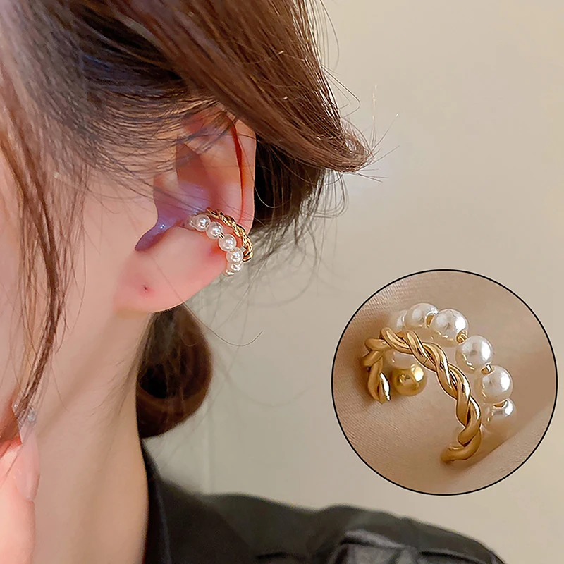 Nová kórejská zlatá farba dvojitého kruhu Twist Perl Ear Cuff Vintage Geometric Circle Duch Fake Piercing Perly Clip na nábehoch