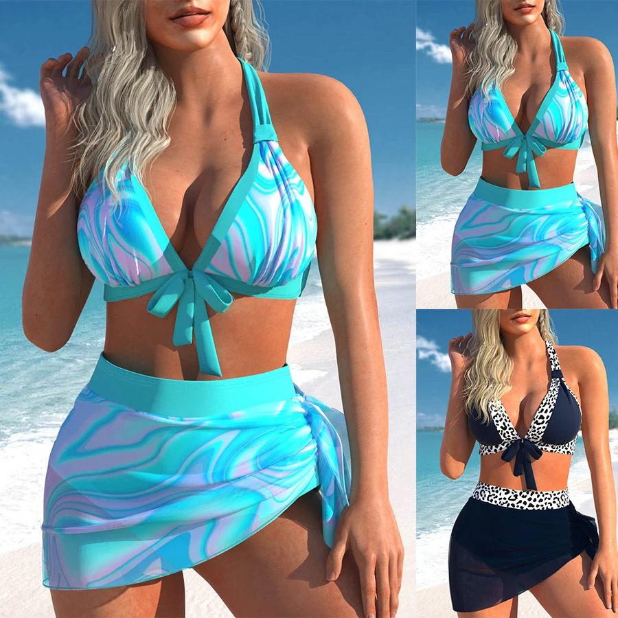 Nová letná pláž nové dámske bikiny dvojdielne plavky modrá ružová tlačiareň Lace Up Bow Beach šaty S-6XL