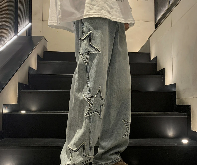 Nová móda päťpolinkované hviezdne džínsy Men s vysokým pásom vintage streetwear mužov Pants Baggy Winter Wide-Leg Denim Denim Men Obliekanie