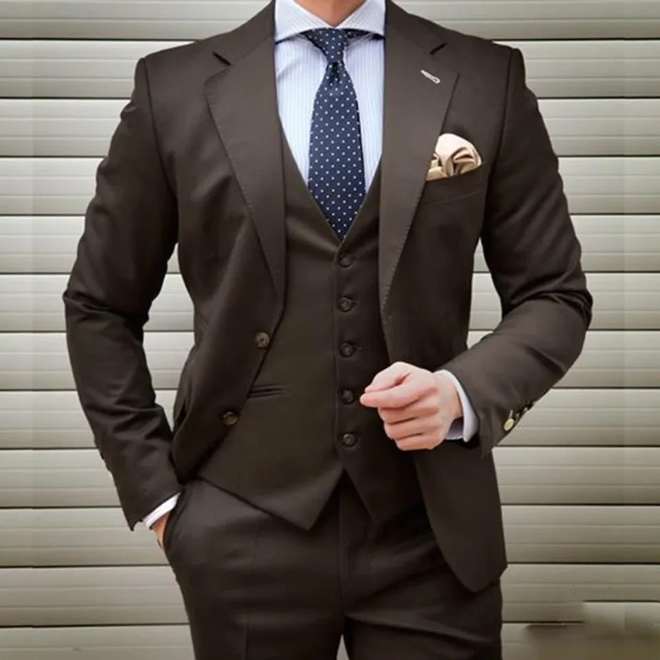 Nová módna tmavo hnedá pánska oblek Slim-Fit Trojdielne svadobné šaty BrideGroom Business Móda Formálne oblečenie (bunda + t