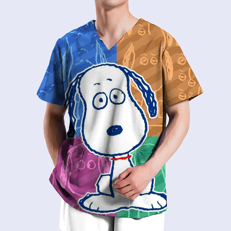 Nová nemocnica Ošetrovateľská pracovná prácou chirurgický košeľa Medical Scrubs Topy for Women Men Snoopy Print V-krk vrecká uniformy kroviny blúzka