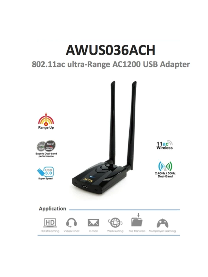 Nová originálna sieťová karta Alfa AWUS036ACH RTL8812AU BT5 Kali Linux Mac