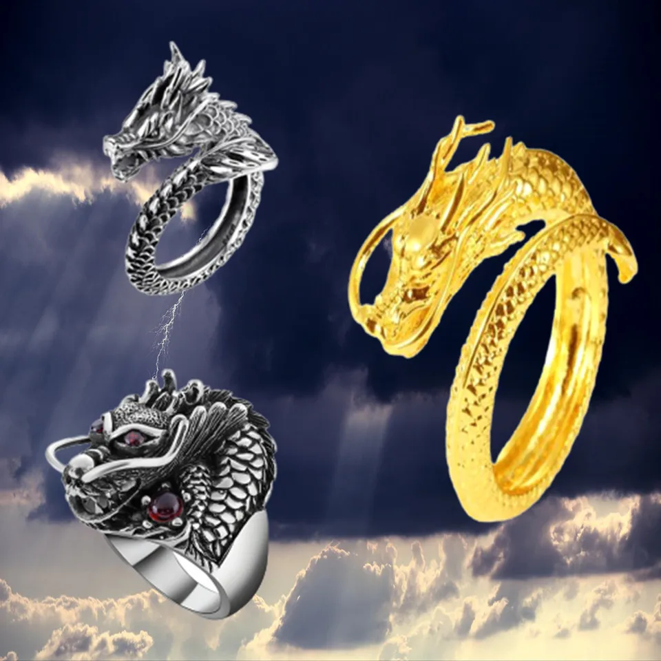Nová osobnosť Dragon Head Embossed Domineering Pánsky otvorený prsteň retro drak prsteň Veľkoobchod prehnané lietajúce dračí prsteň Ring Set