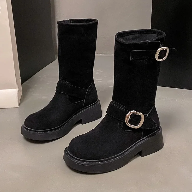 Nová platforma Flock Metal Buckle členkové topánky pre ženy módne dámske dizajnérske topánky na jeseň zimné topánky Žena