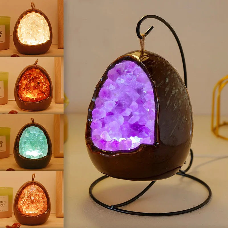 Nová prírodná víla viacfarebná krištáľová jaskyňa Dinosaurus osvetlenie vajec Crystal agát fluorit cornucopia Luminous LED lampa domáca lampa