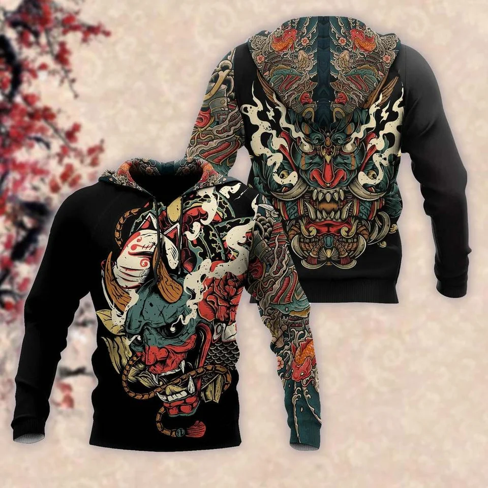 Nová pánska mikina Japonská samuraj 3D tlač Fashion Street s dlhým rukávom s kapucňou s kapucňou neformálne bunda Pullover Outdoor Tops