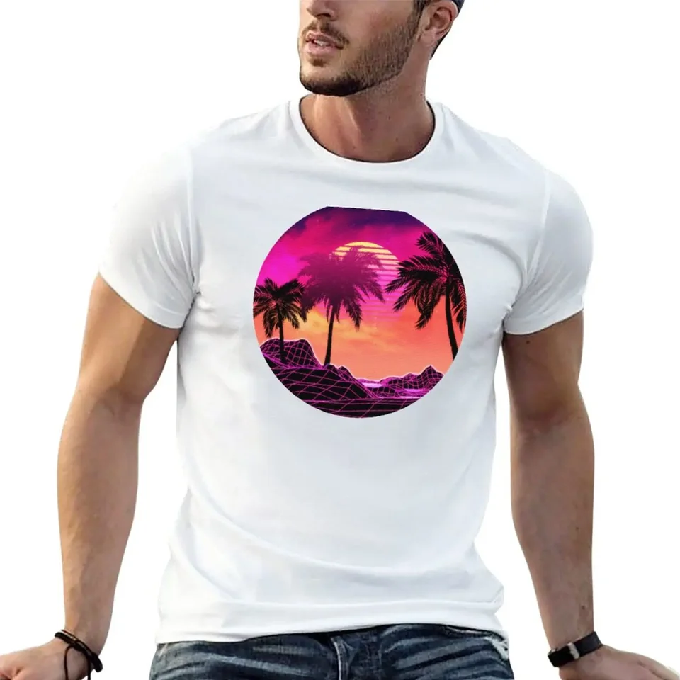 Nová ružová krajina Vaporwave Krajina s skalami a dlaňami Tričko chlapcov Bieli anime figúrky mužské oblečenie tričká pre mužov grafika