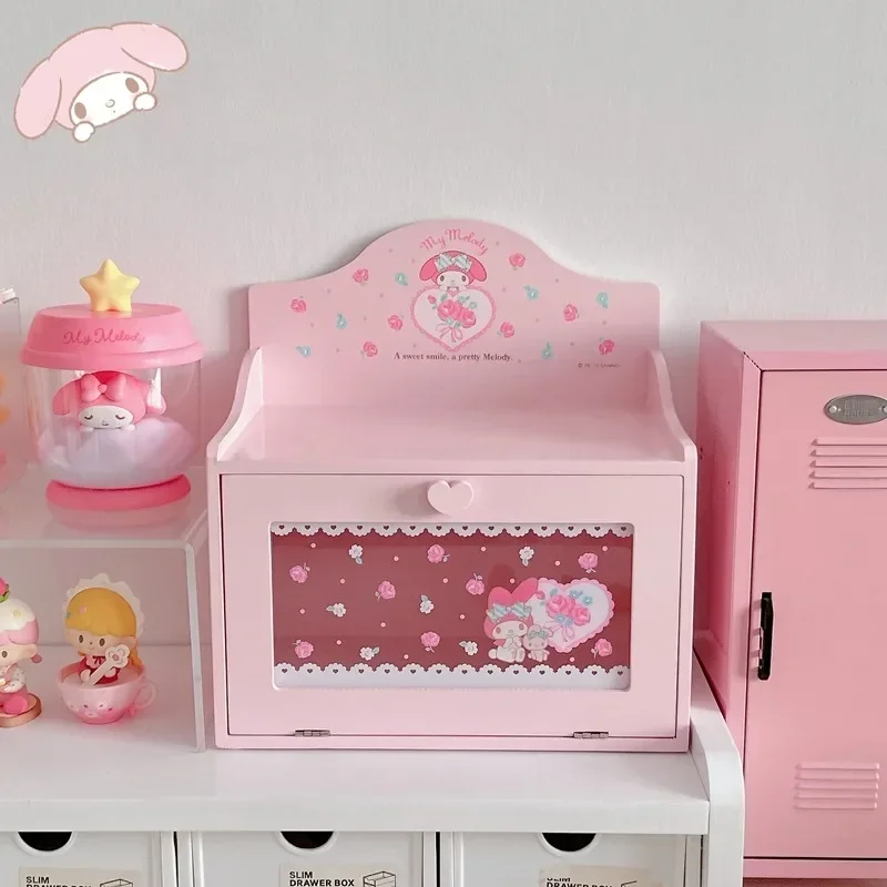 Nová Sanrio Cartoon Melody Drevená stolná krabica na stolné krabičky Sundries Sundries Kniha Skladovanie a organizovanie ručne vyrábanej skrinky na krabicu
